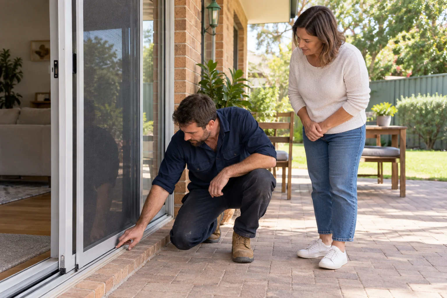 A homeowner discussing a sliding door repair with an independent service professional.